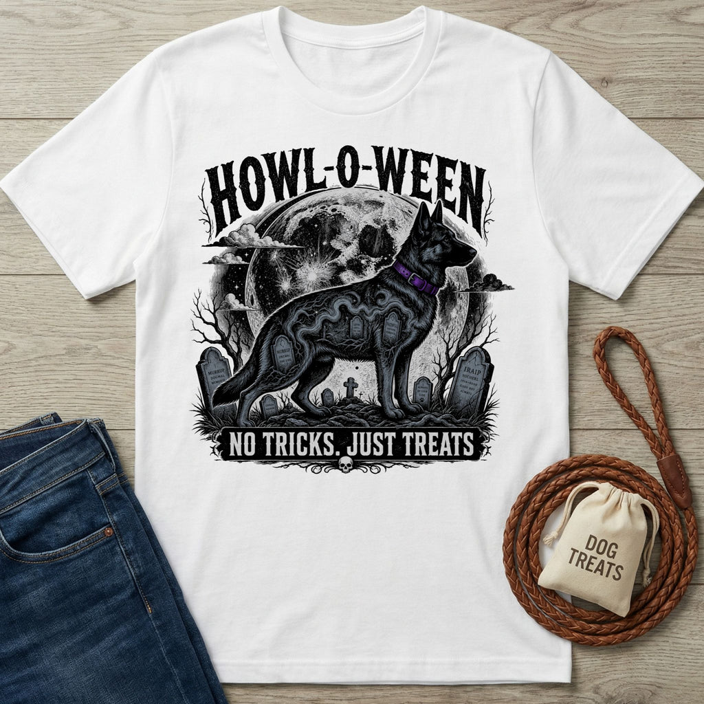 White crewneck t-shirt featuring a black German Shepherd, full moon, and graveyard graphic with the text Howl-o-ween and No Tricks.