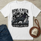 White crewneck t-shirt featuring a black German Shepherd, full moon, and graveyard graphic with the text Howl-o-ween and No Tricks.