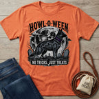 Orange crewneck t-shirt featuring a spooky Howl-O-Ween graphic with a black dog, full moon, and tombstones.