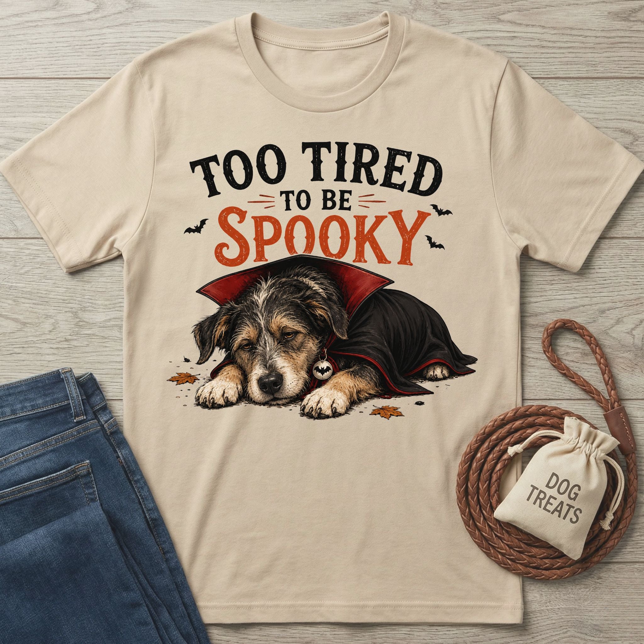 Beige crewneck t-shirt featuring a sleepy dog in a vampire cape with the text Too Tired To Be Spooky.