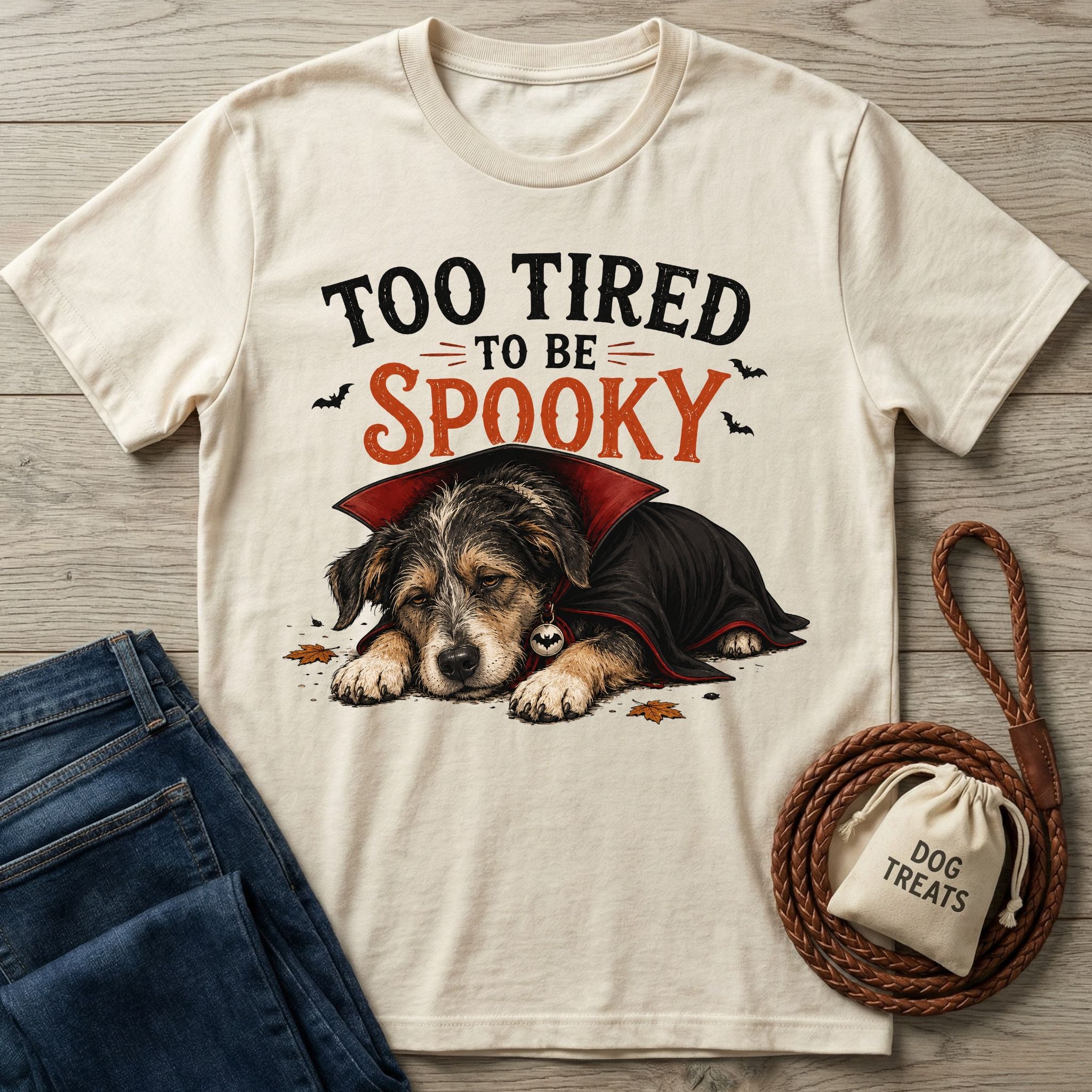 Cream-colored crewneck t-shirt featuring a sleepy puppy in a vampire cape with the text Too Tired To Be Spooky.
