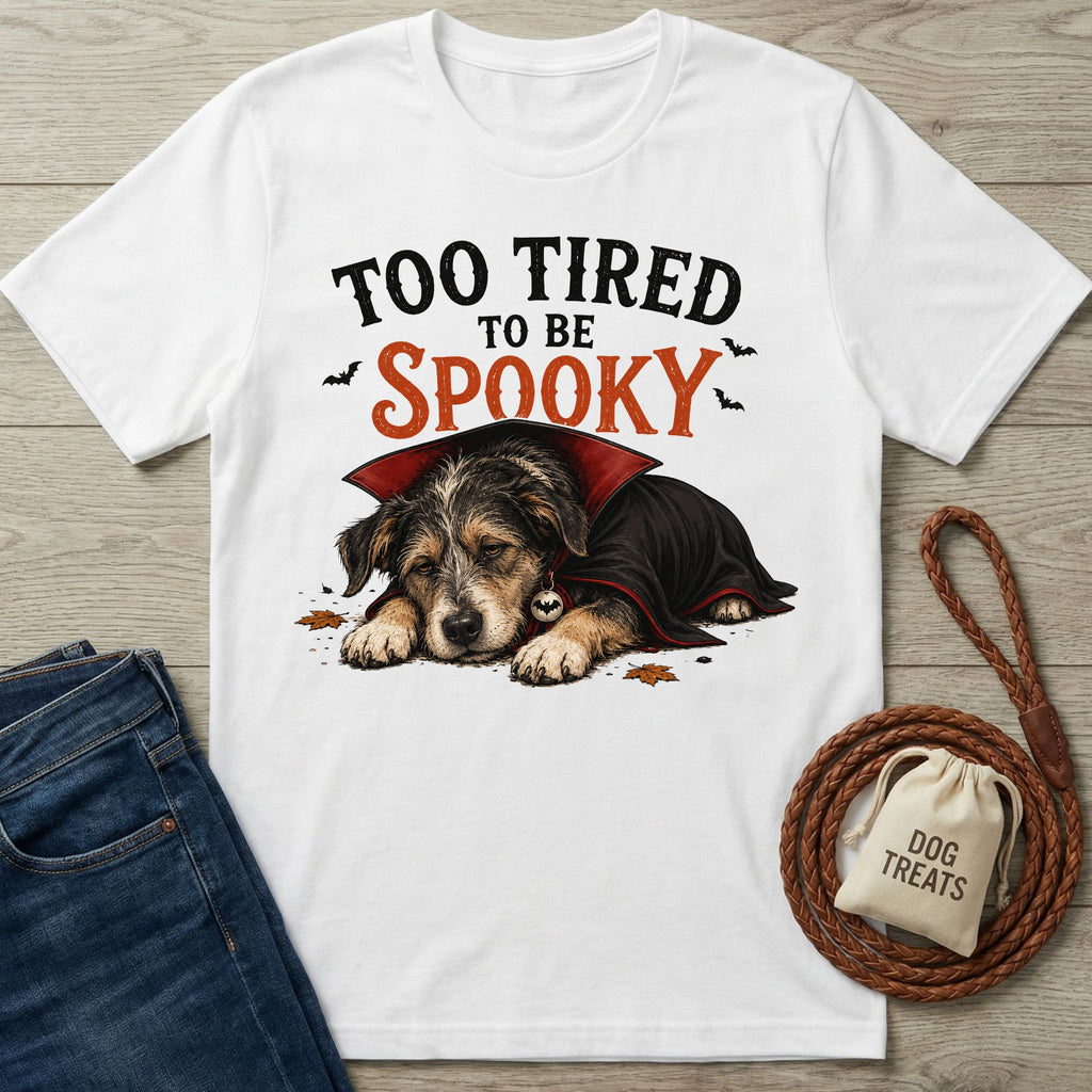 White crew neck t-shirt featuring a sleeping puppy in a vampire cape with the text Too Tired To Be Spooky.