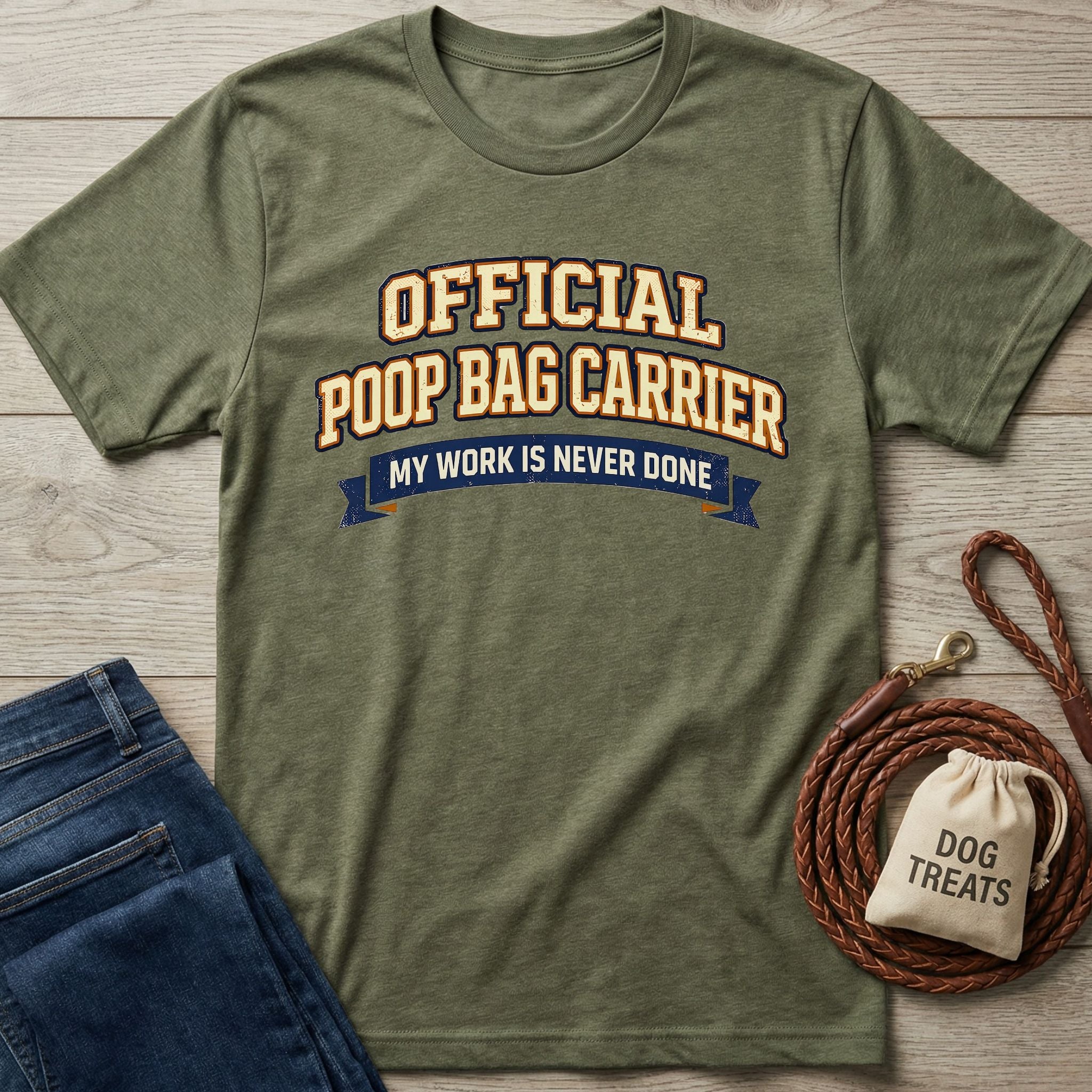 Olive green "Official Poop Bag Carrier" t-shirt with jeans, a leather leash, and a dog treat bag.