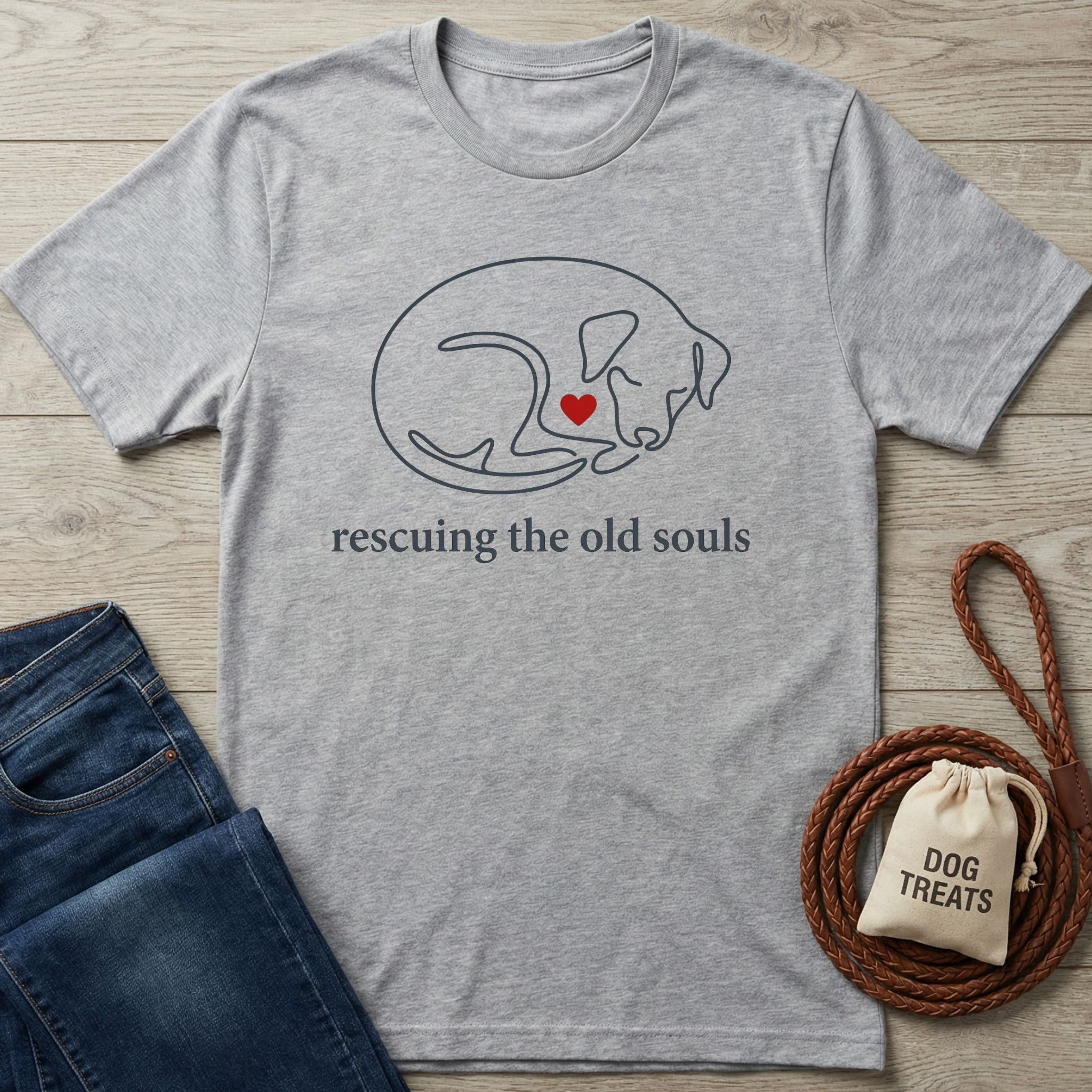 Light grey Gildan Softstyle® t-shirt with a sleeping dog outline, red heart, and "rescuing the old souls" text.