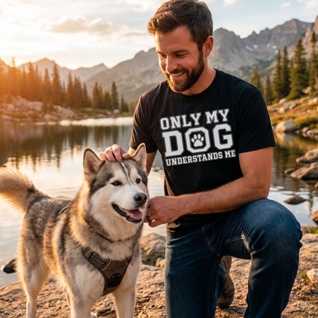 Man wearing a black crewneck T-shirt with white Only My Dog Understands Me text, petting a husky by a mountain lake.