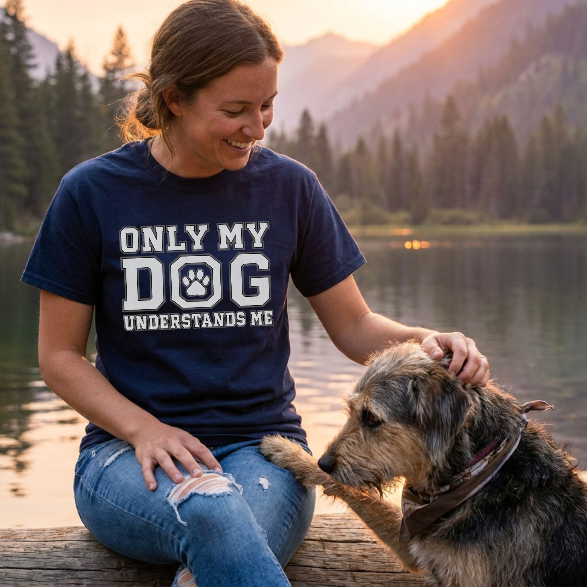 Woman wearing a navy blue cotton T-shirt with white Only My Dog Understands Me text and a paw print graphic.