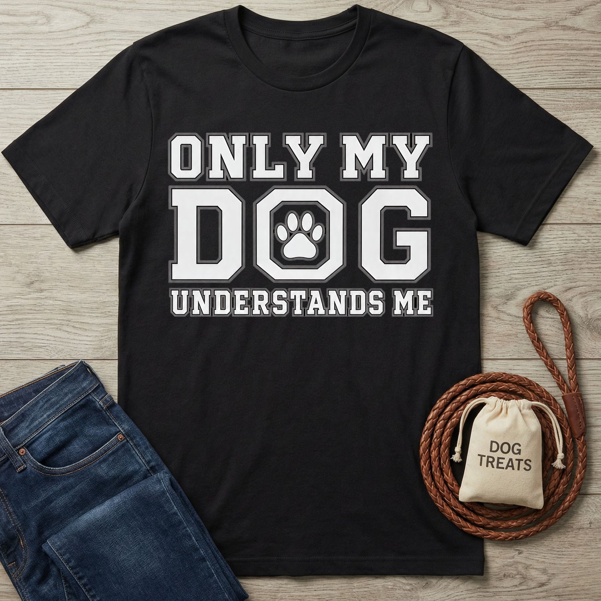 Black cotton t-shirt featuring white Only My Dog Understands Me text with a paw print graphic on a wooden background.