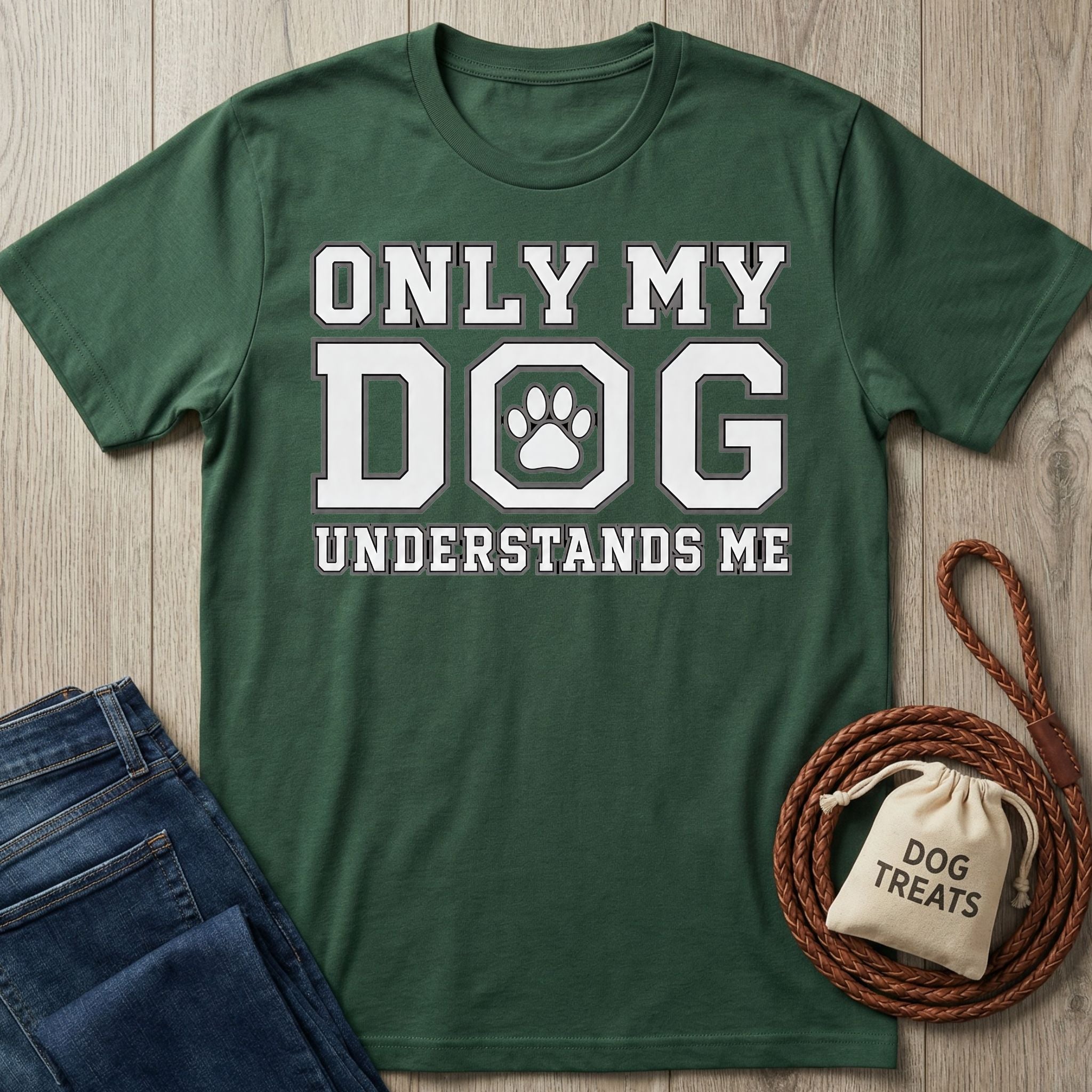 Forest green cotton t-shirt featuring white Only My Dog Understands Me text with a paw print graphic.