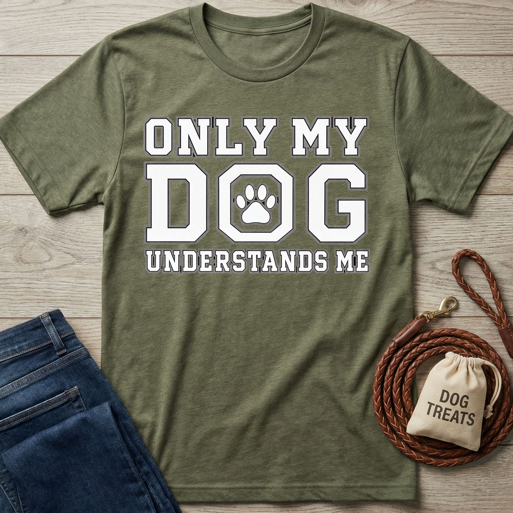 Olive green crewneck t-shirt with white Only My Dog Understands Me text and a paw print graphic.