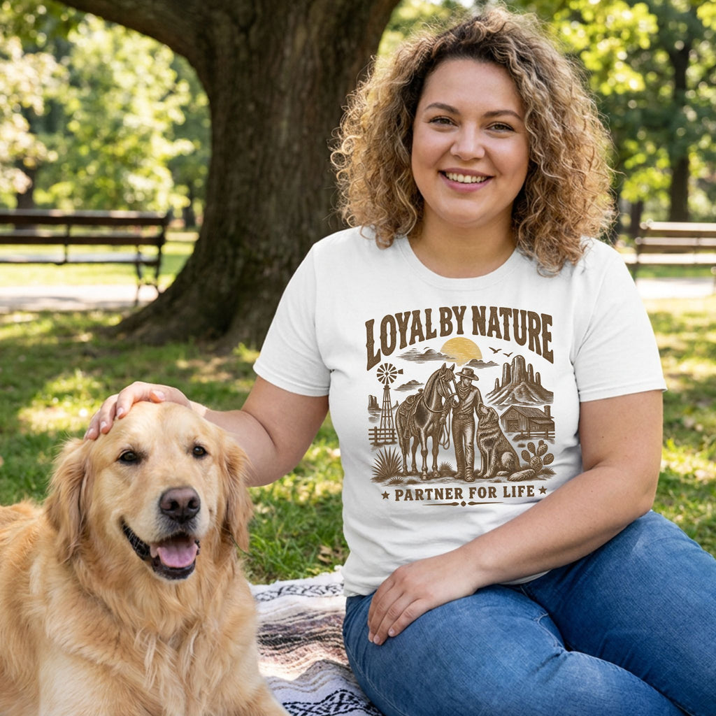 Woman wearing a white crewneck t-shirt with a western-style Loyal By Nature graphic, sitting outside with a golden retriever.