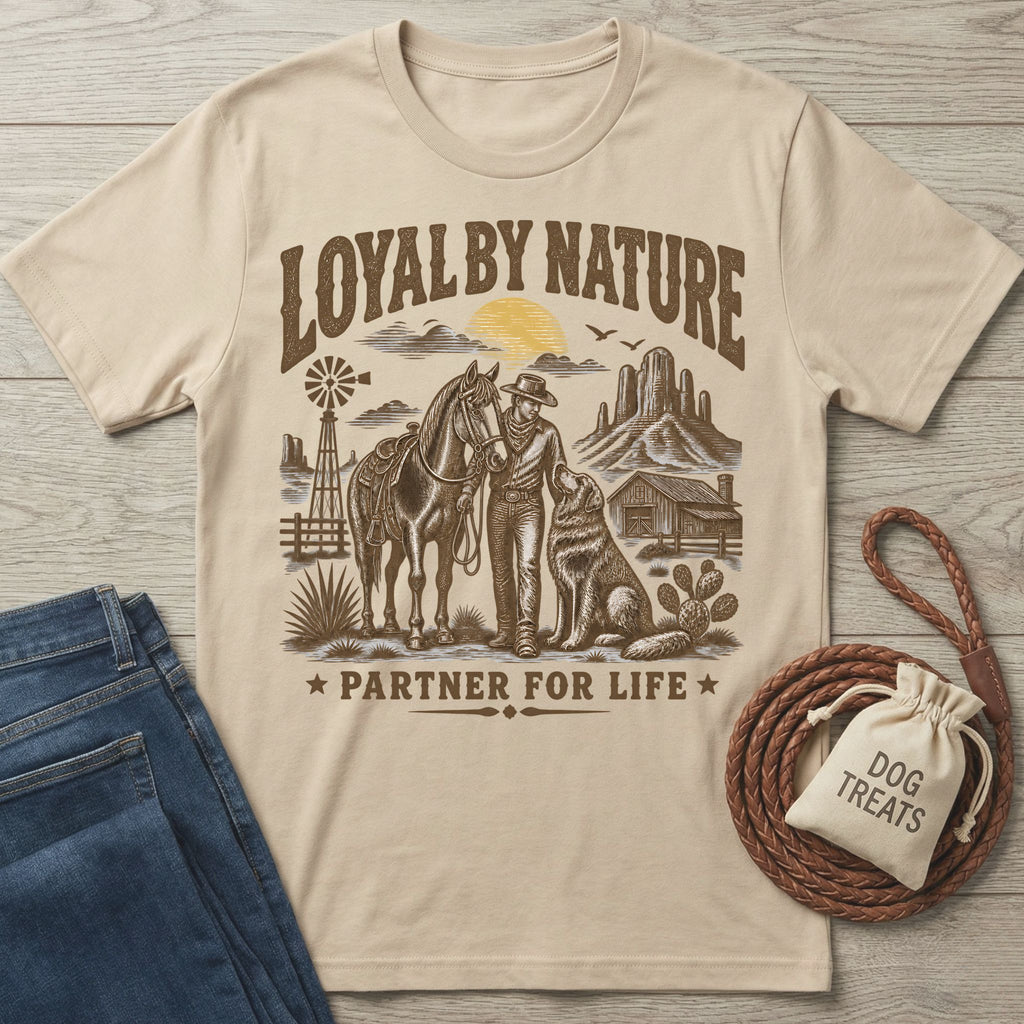 Beige crewneck t-shirt featuring a western graphic of a cowboy, horse, and dog with the text Loyal By Nature.