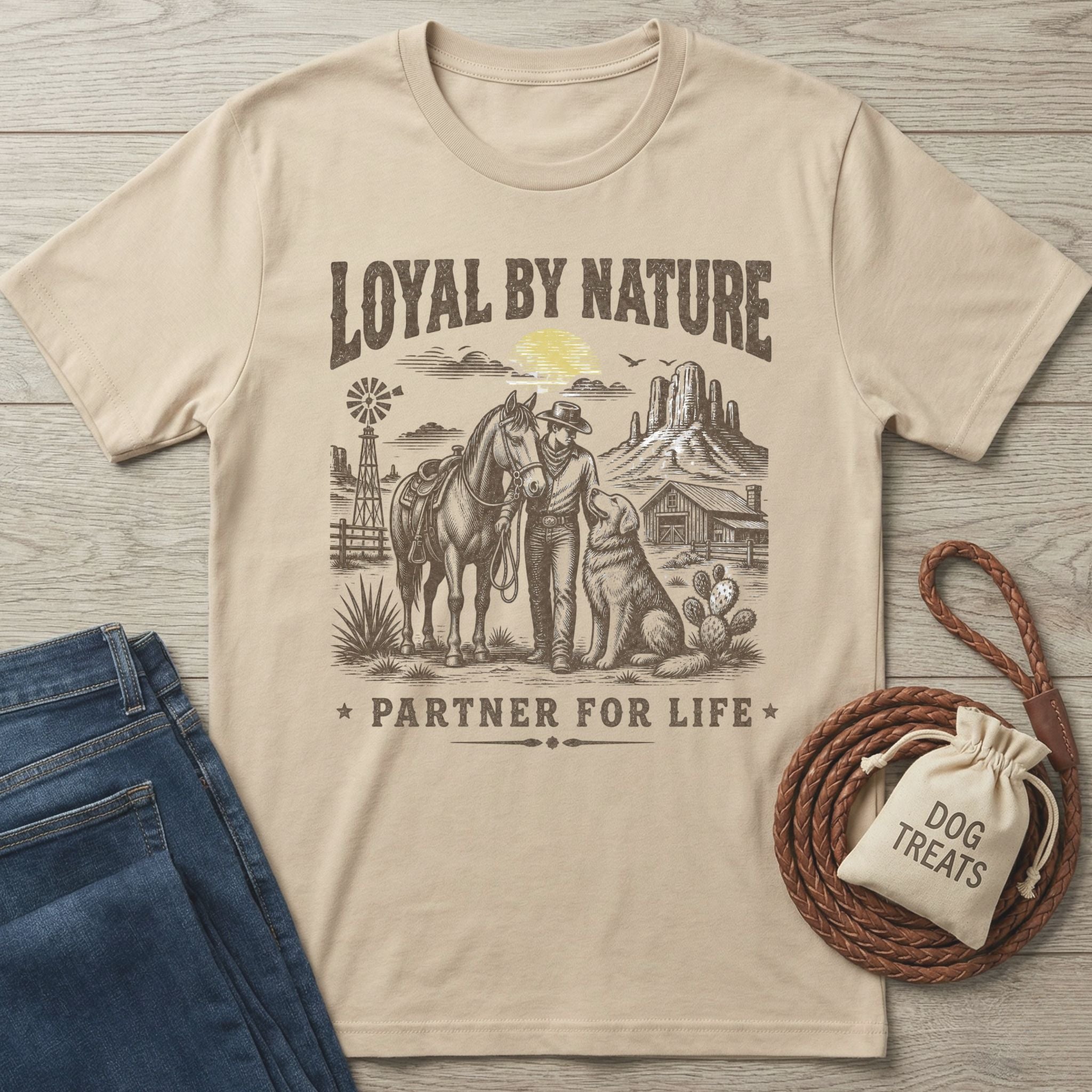 Beige crewneck t-shirt featuring a western graphic of a cowboy, horse, and dog with the text Loyal By Nature.