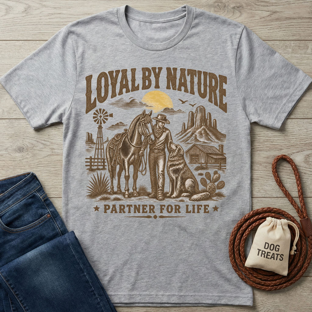 Heather gray crewneck t-shirt featuring a western graphic of a cowboy, horse, and dog with Loyal By Nature text.