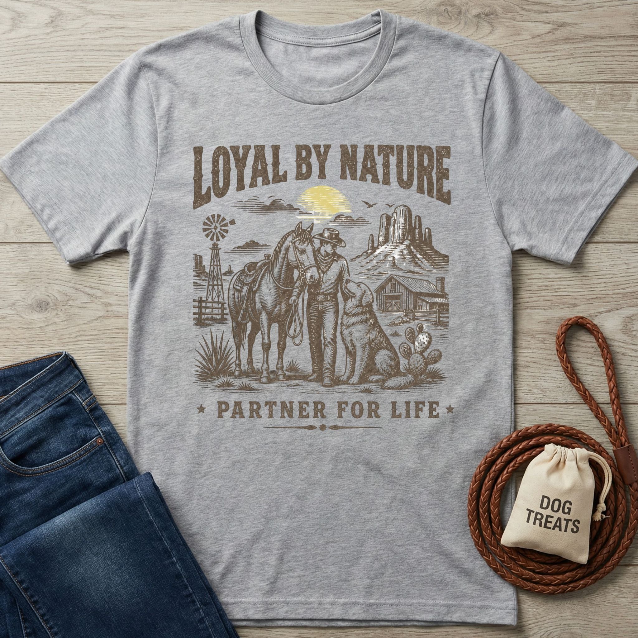 Heather gray crewneck t-shirt featuring a western graphic of a cowboy, horse, and dog with Loyal By Nature text.