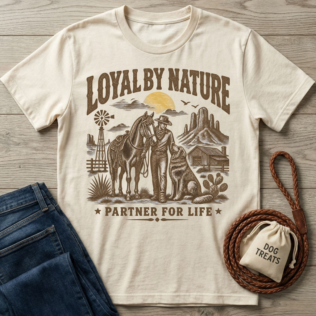 Cream-colored crewneck t-shirt featuring a western graphic of a cowboy, horse, and dog with the text Loyal By Nature.