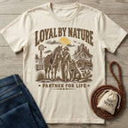 Cream-colored crewneck t-shirt featuring a western graphic of a cowboy, horse, and dog with the text Loyal By Nature.