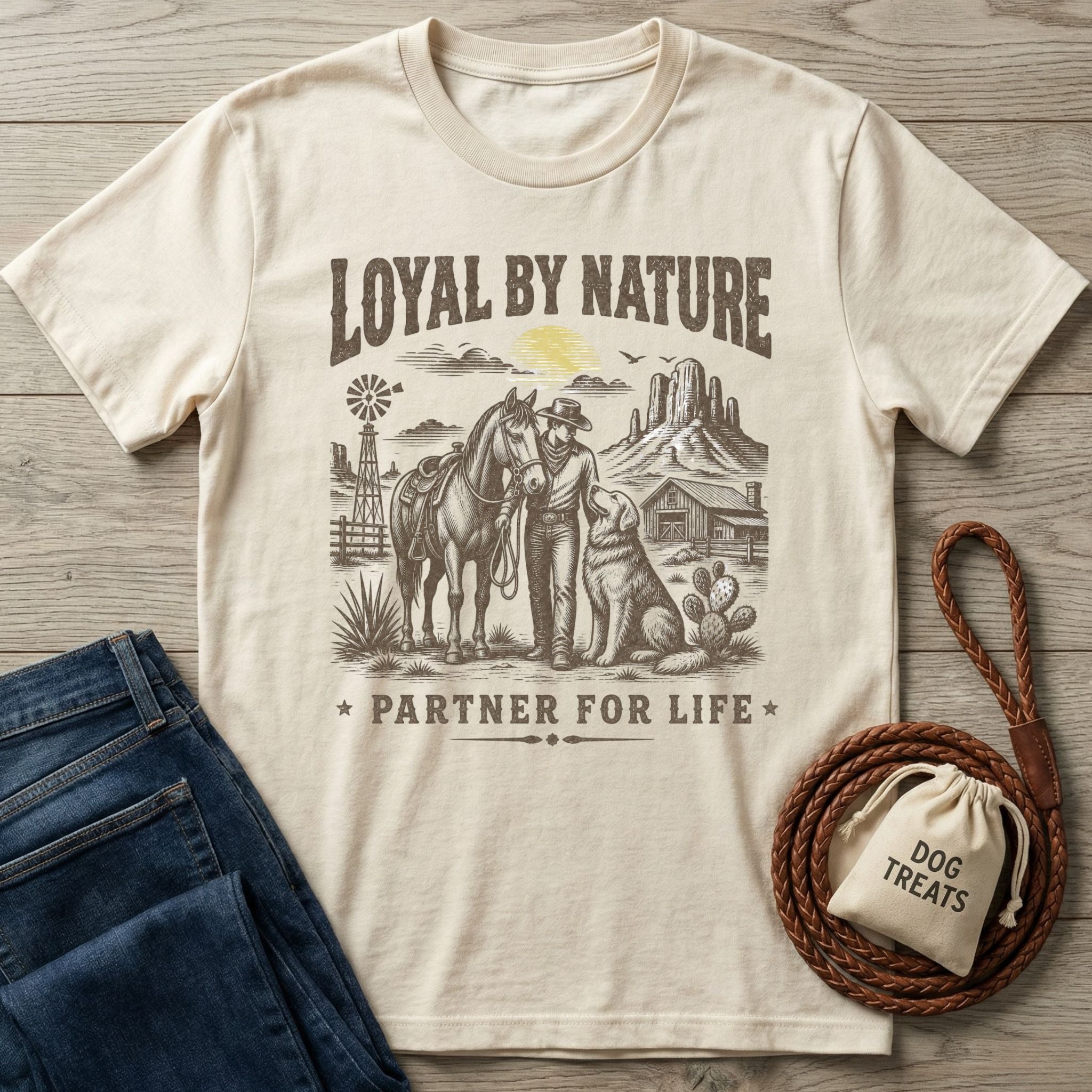 Cream-colored crewneck t-shirt featuring a western graphic of a cowboy, horse, and dog with the text Loyal By Nature.