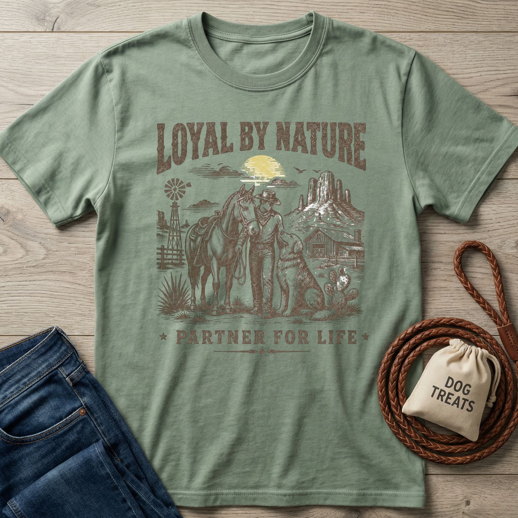Sage green crewneck t-shirt featuring a western graphic of a cowboy, horse, and dog with Loyal By Nature text.