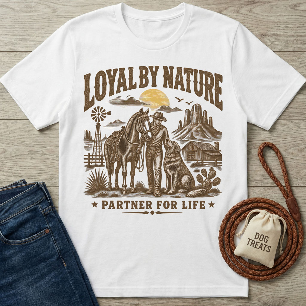 White crew neck t-shirt featuring a western graphic of a cowboy, horse, and dog with the text Loyal By Nature.