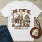 White crew neck t-shirt featuring a western graphic of a cowboy, horse, and dog with the text Loyal By Nature.