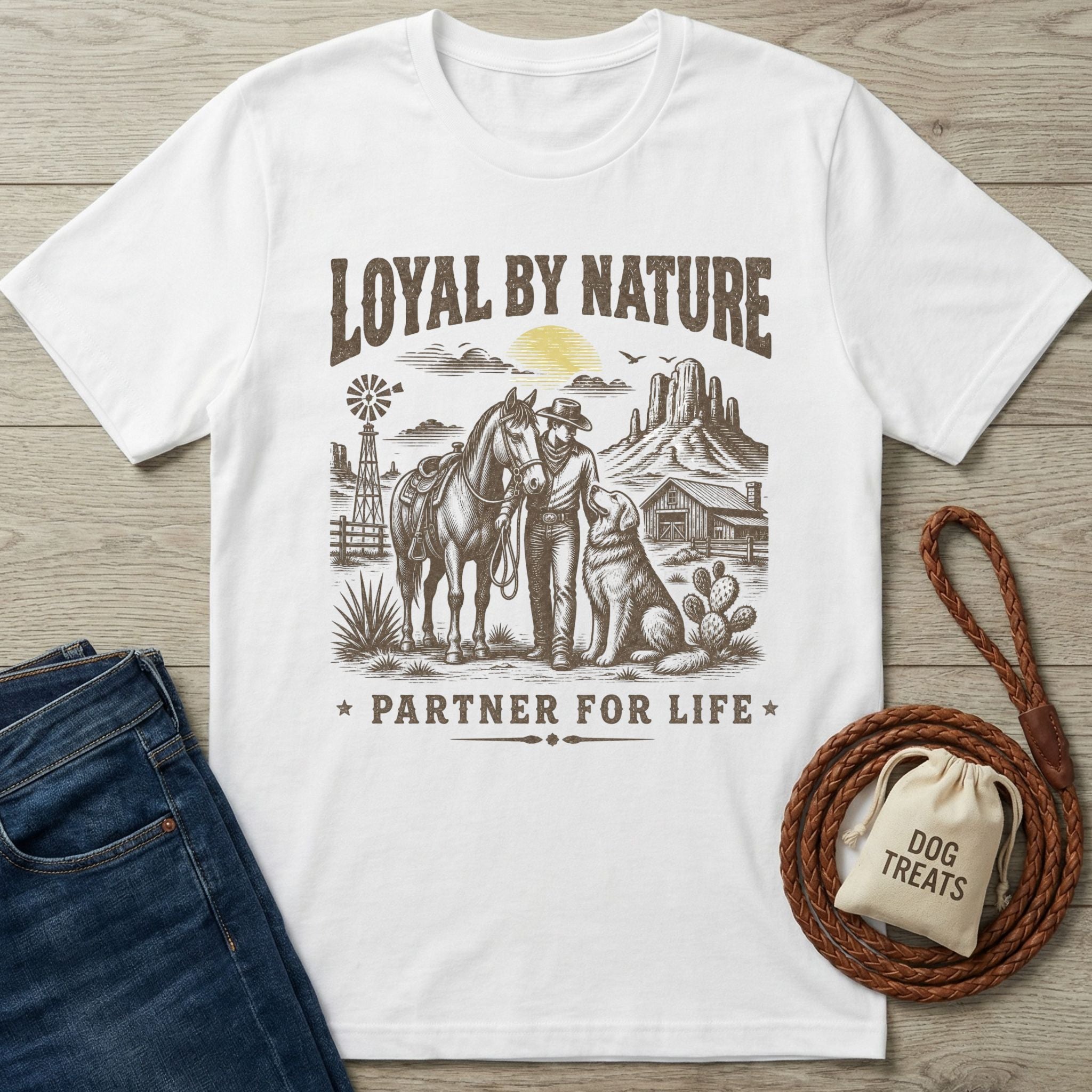 White crew neck t-shirt featuring a western graphic of a cowboy, horse, and dog with the text Loyal By Nature.