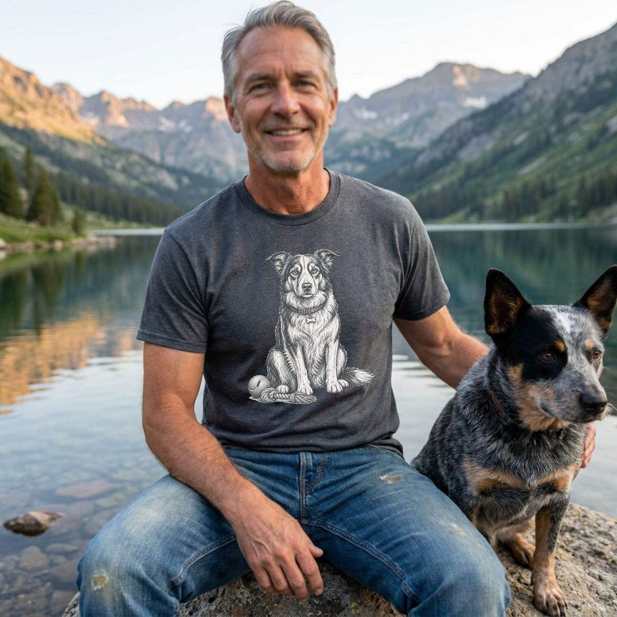 Man wearing a charcoal grey crewneck t-shirt featuring a detailed white illustration of a dog sitting with a toy.