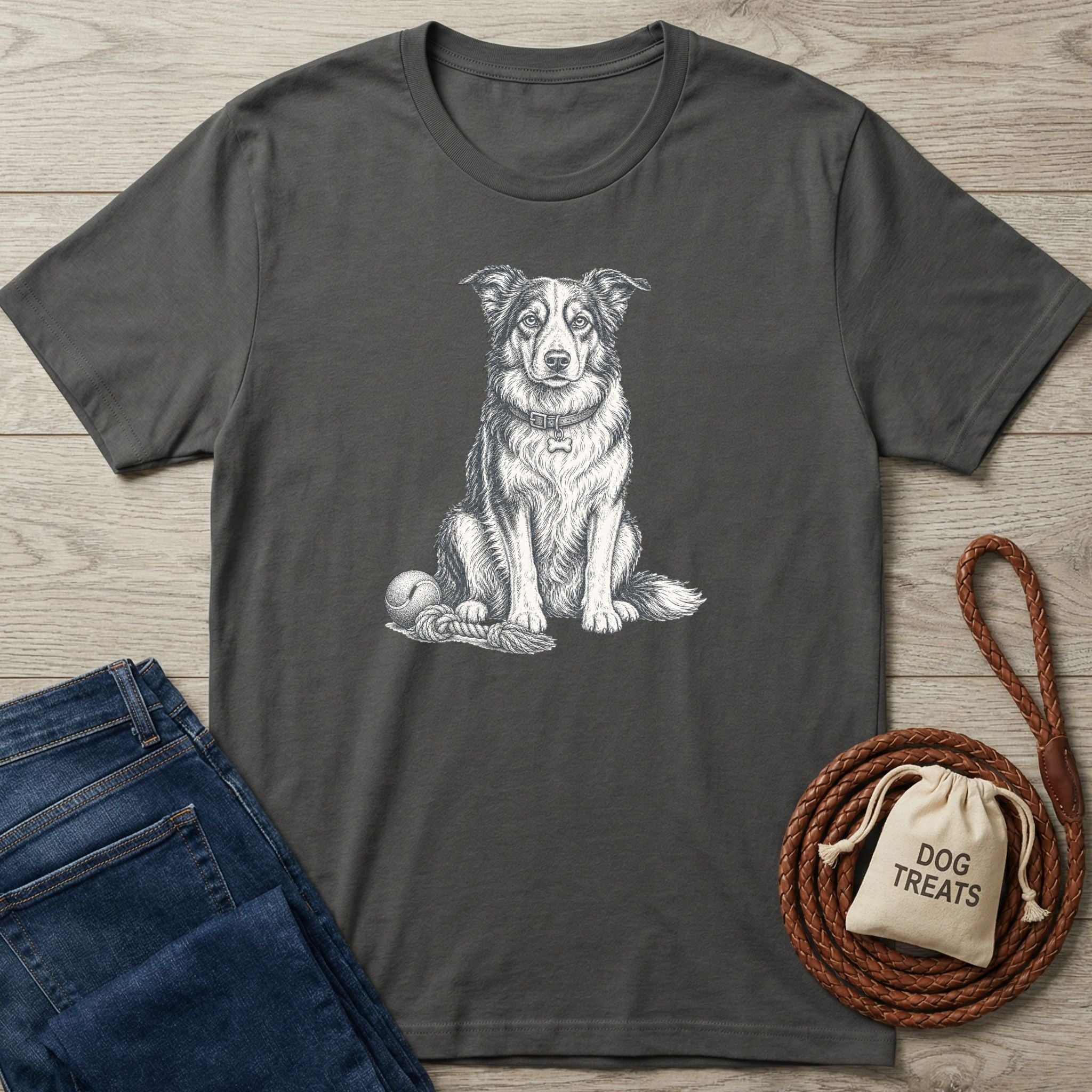 Charcoal gray crewneck t-shirt featuring a detailed white line drawing of a dog sitting with a rope toy and ball.