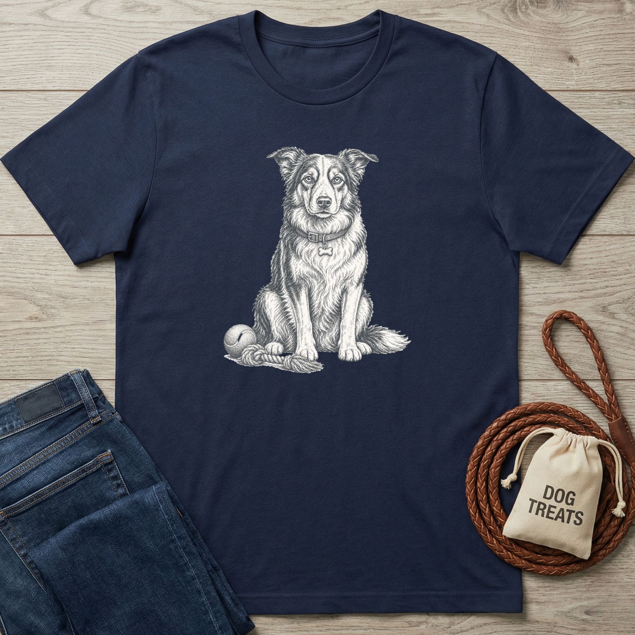 Navy blue cotton t-shirt featuring a detailed white line-art illustration of a dog sitting with a rope toy and ball.