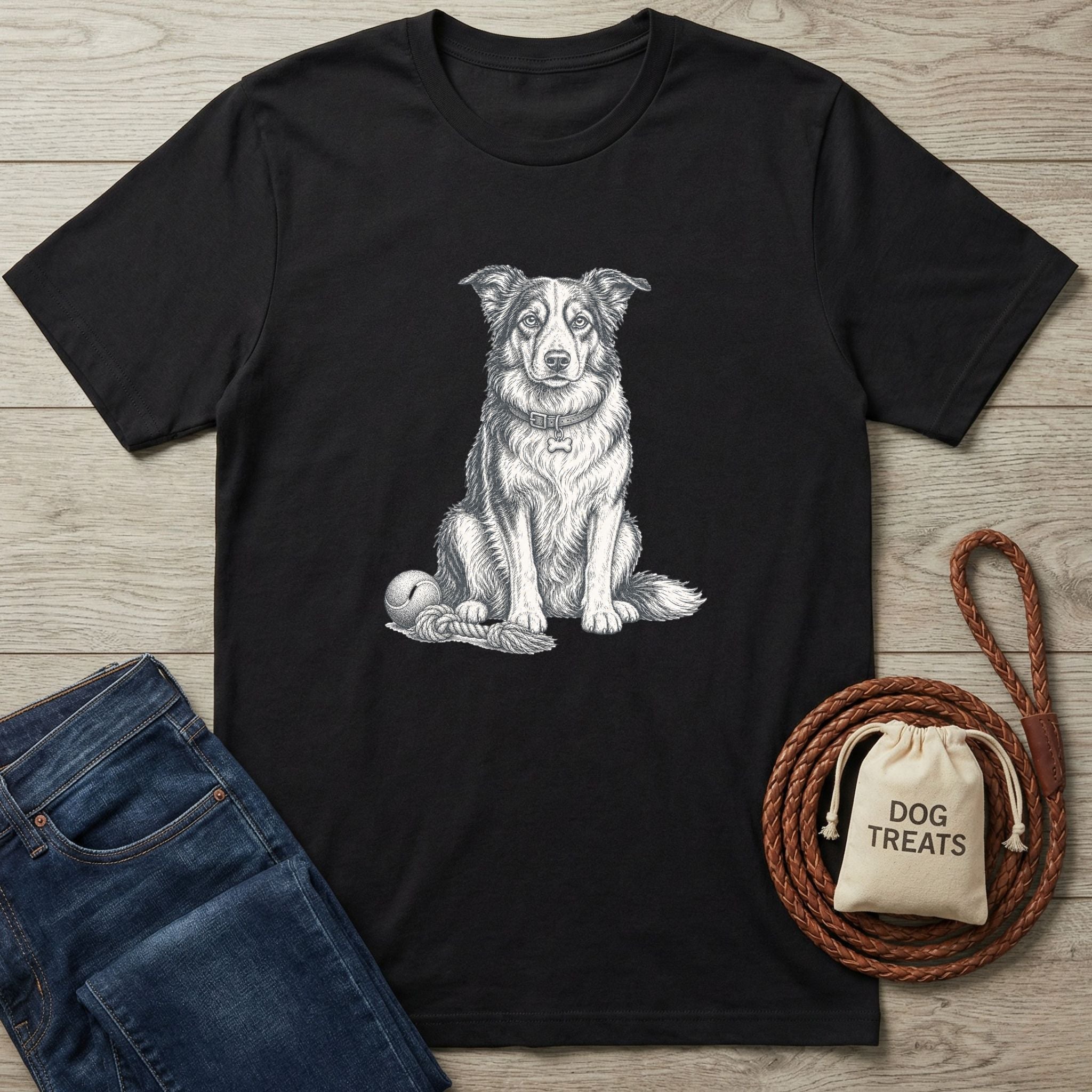 Black cotton t-shirt featuring a detailed white illustration of a dog sitting patiently with a rope toy.