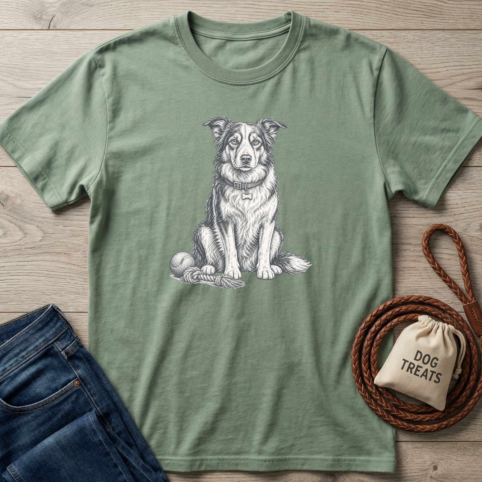 Sage green cotton t-shirt featuring a detailed sketch of a dog sitting patiently with a rope toy and tennis ball.