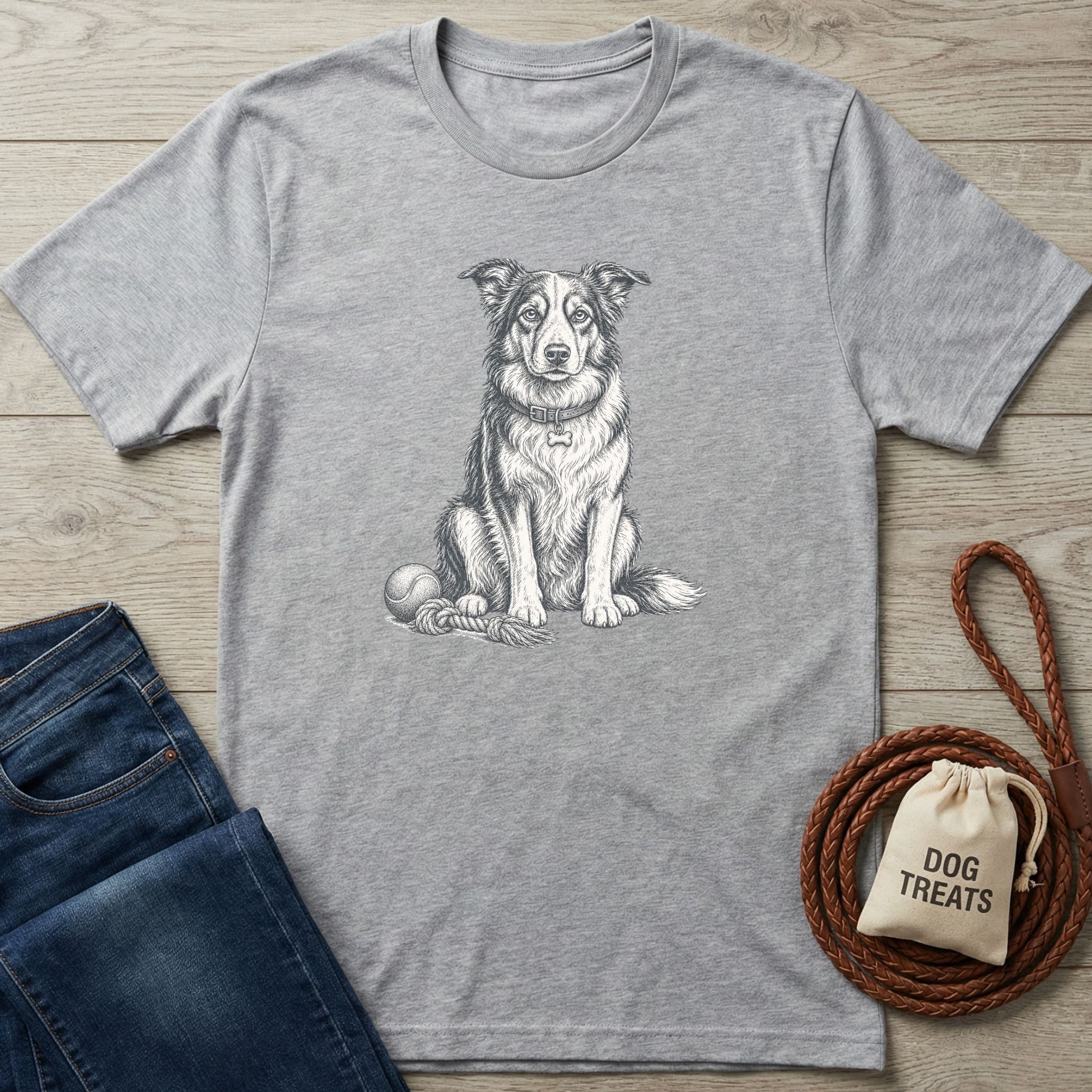 Grey crewneck t-shirt featuring a detailed black and white illustration of a sitting dog with a rope toy and tennis ball.