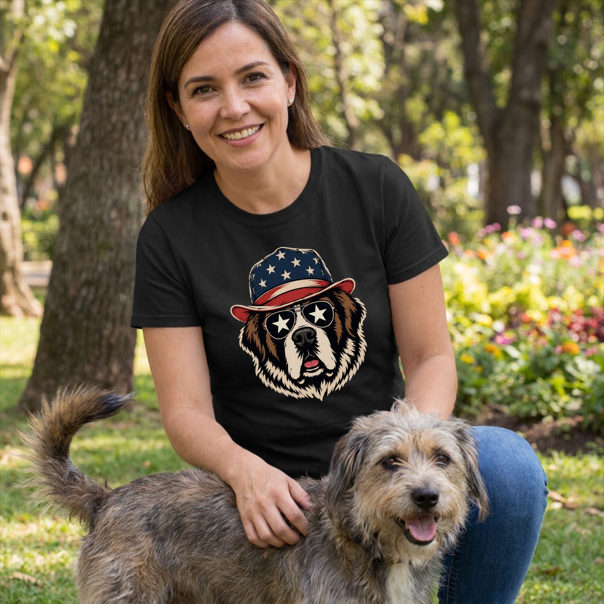Woman in black Patriot Pup t-shirt with American flag dog graphic, petting a dog outdoors.