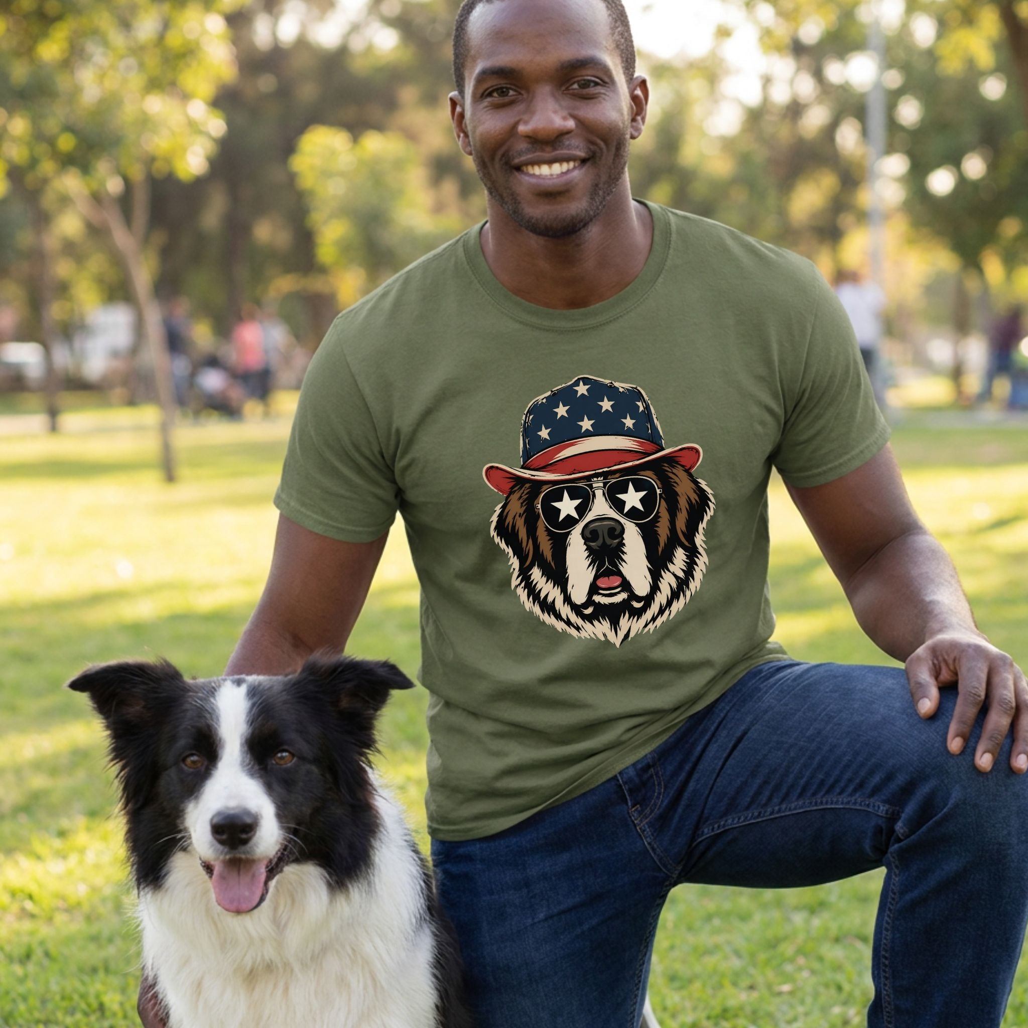 Man in olive green tee with "Patriot Pup" graphic, a dog in a stars & stripes hat and sunglasses, next to a Border Collie.