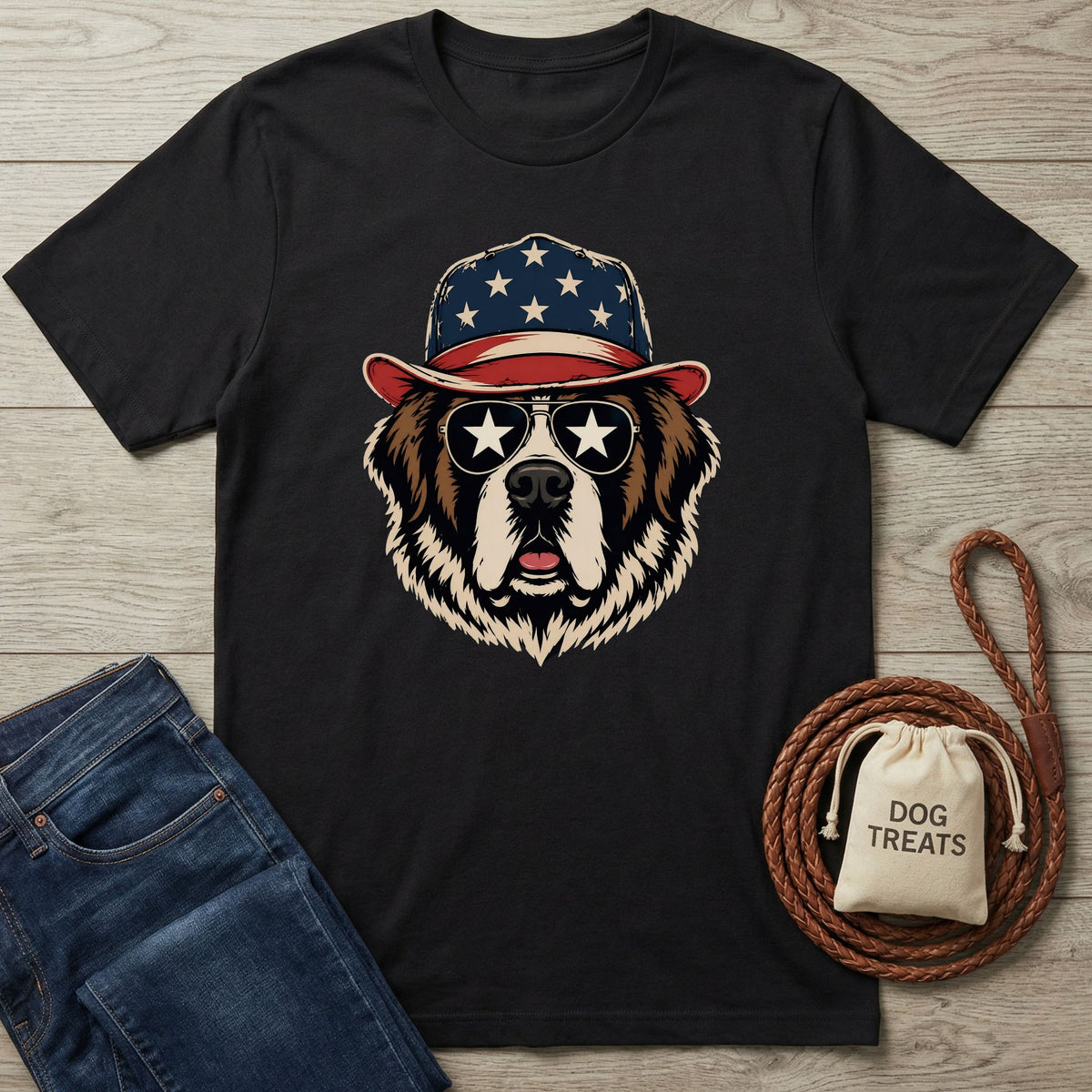 Black Gildan Softstyle t-shirt with a patriotic dog wearing a star-spangled hat and sunglasses.