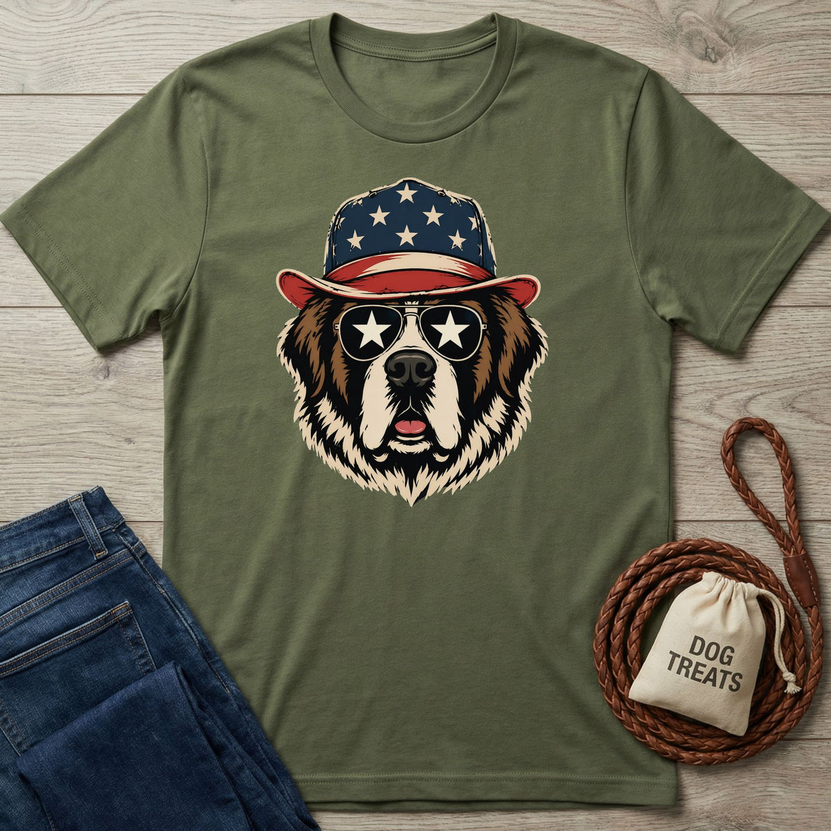Olive green Gildan Softstyle® t-shirt with a patriotic dog wearing a star-spangled hat and sunglasses.