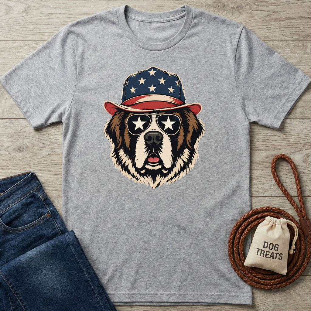 Heather grey Gildan Softstyle t-shirt with a patriotic dog wearing a star-spangled hat and sunglasses.
