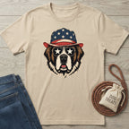 Patriot Pup T-Shirt: Beige Gildan Softstyle tee with a dog wearing a star-spangled hat and sunglasses.