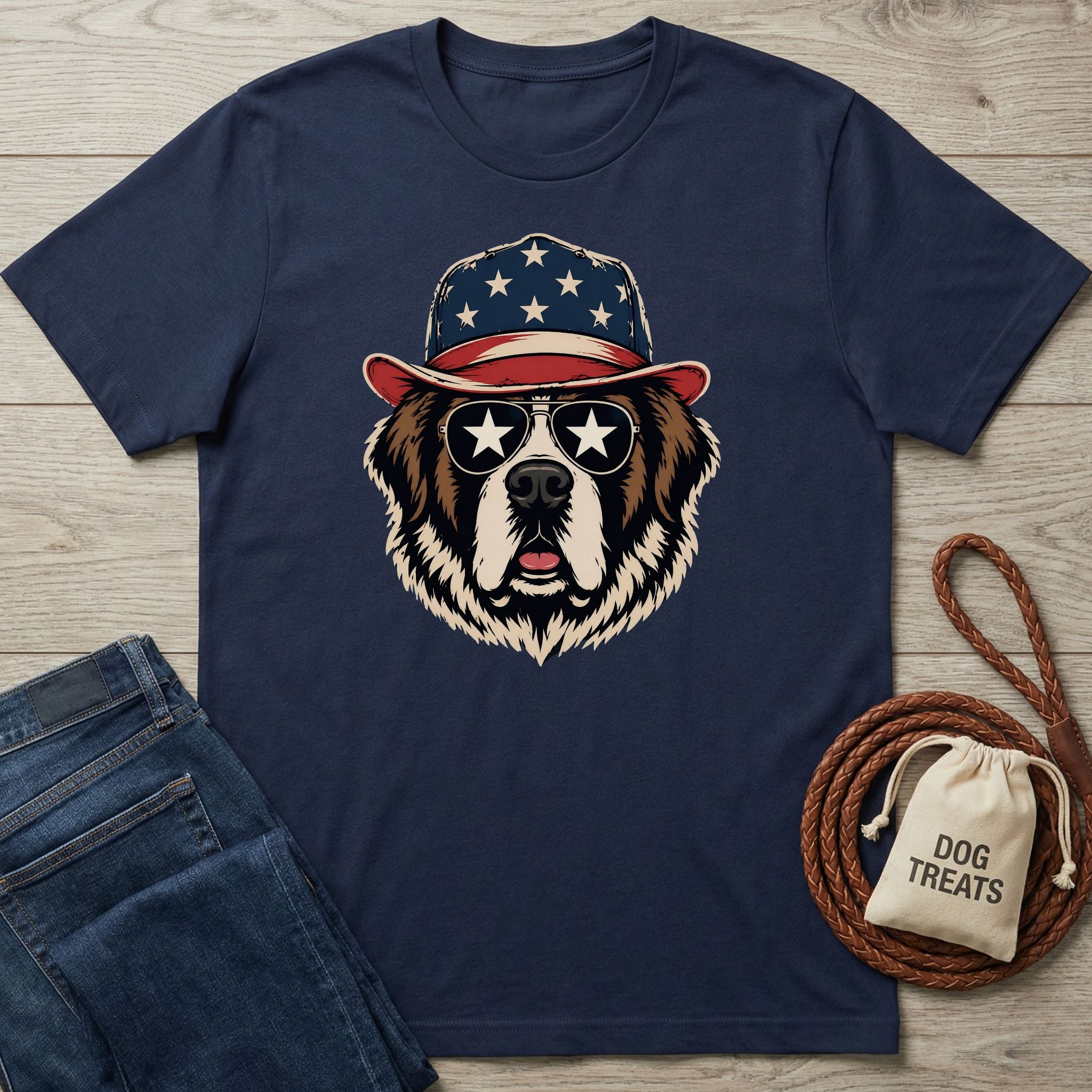 Navy blue Gildan Softstyle® 64000 t-shirt with a patriotic dog wearing a star-spangled hat and sunglasses.