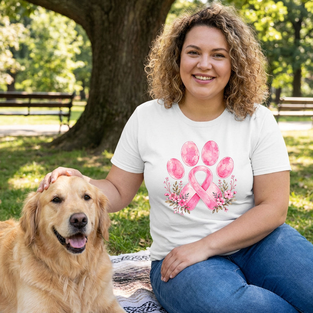 Woman wearing a white T-shirt with a watercolor pink ribbon paw print and floral design, sitting outdoors with a dog.