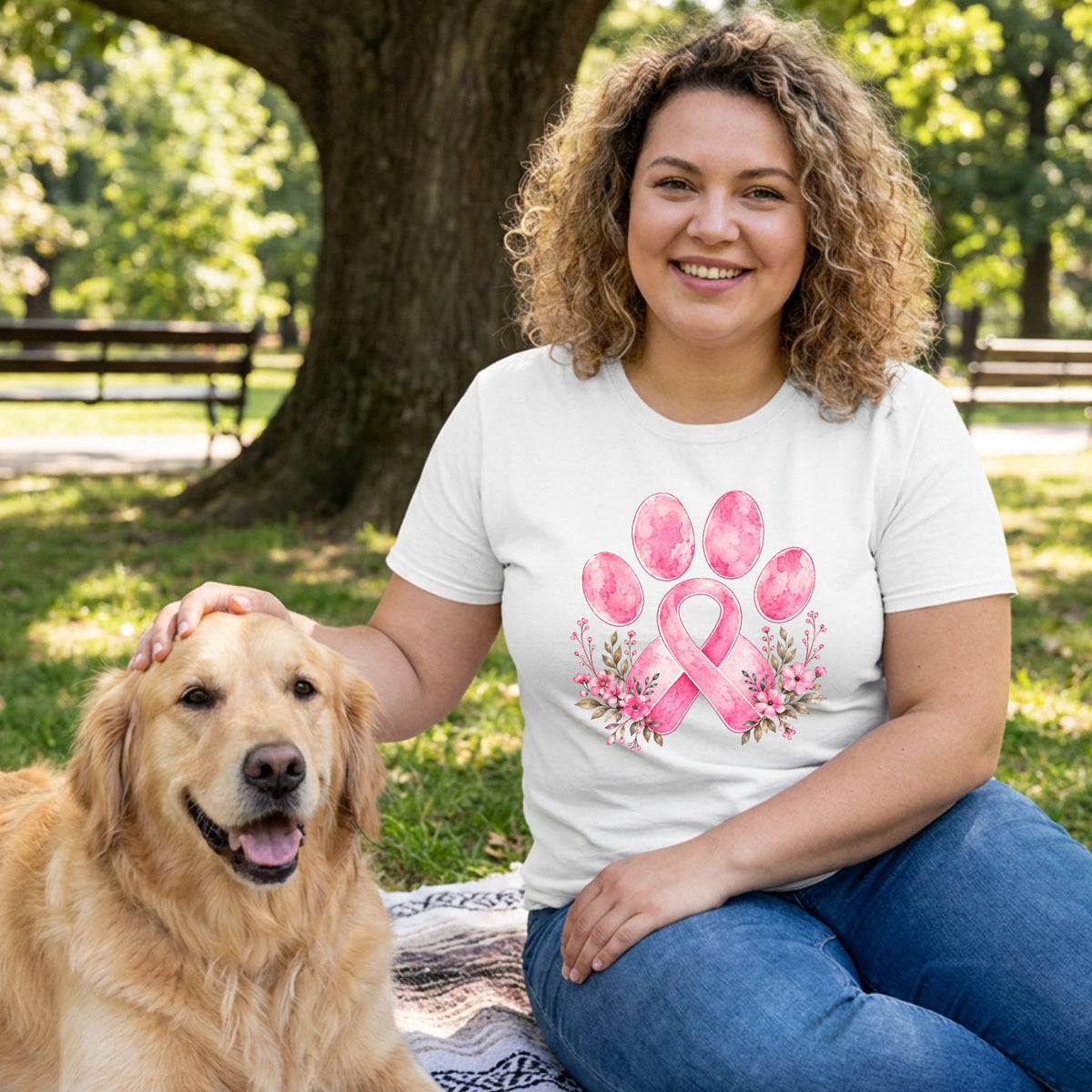 Woman wearing a white T-shirt with a watercolor pink ribbon paw print and floral design, sitting outdoors with a dog.
