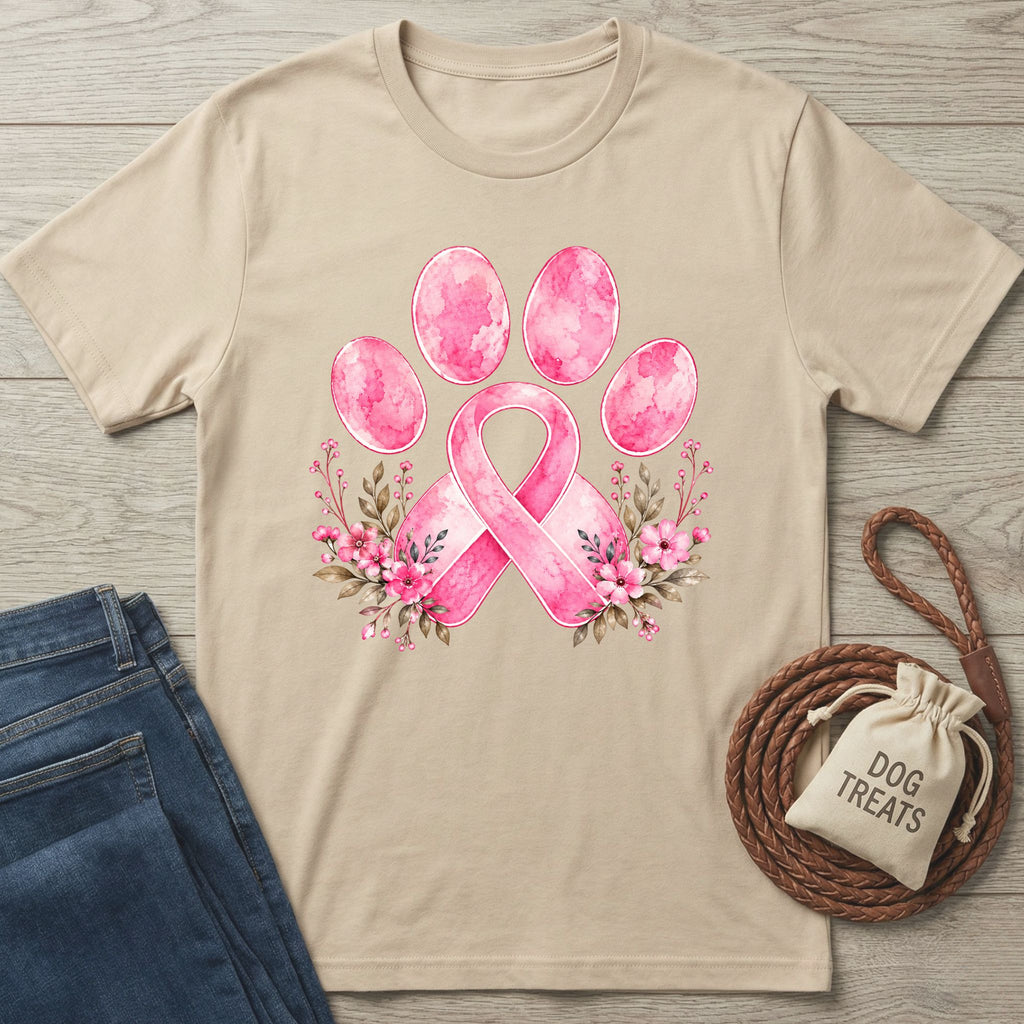 Beige crewneck T-shirt featuring a watercolor pink ribbon and paw print design with delicate floral accents.