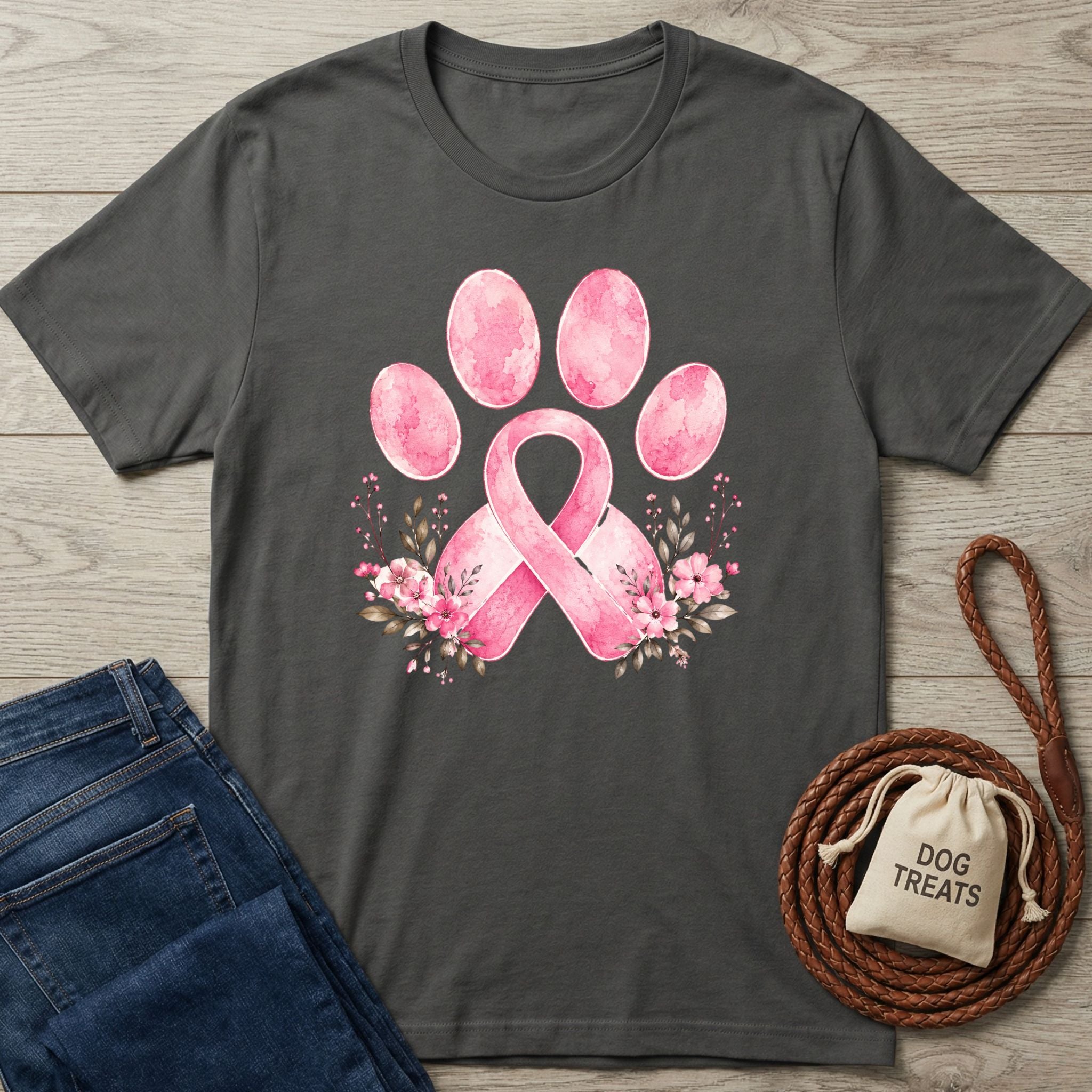 Charcoal gray crewneck t-shirt featuring a pink watercolor paw print and awareness ribbon design with floral accents.