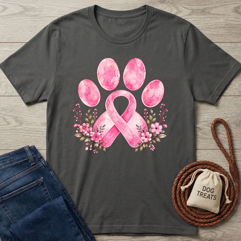 Charcoal gray T-shirt featuring a watercolor pink ribbon paw print design with delicate floral accents.