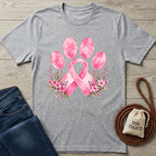 Grey T-shirt featuring a watercolor pink ribbon and paw print design with delicate floral accents.