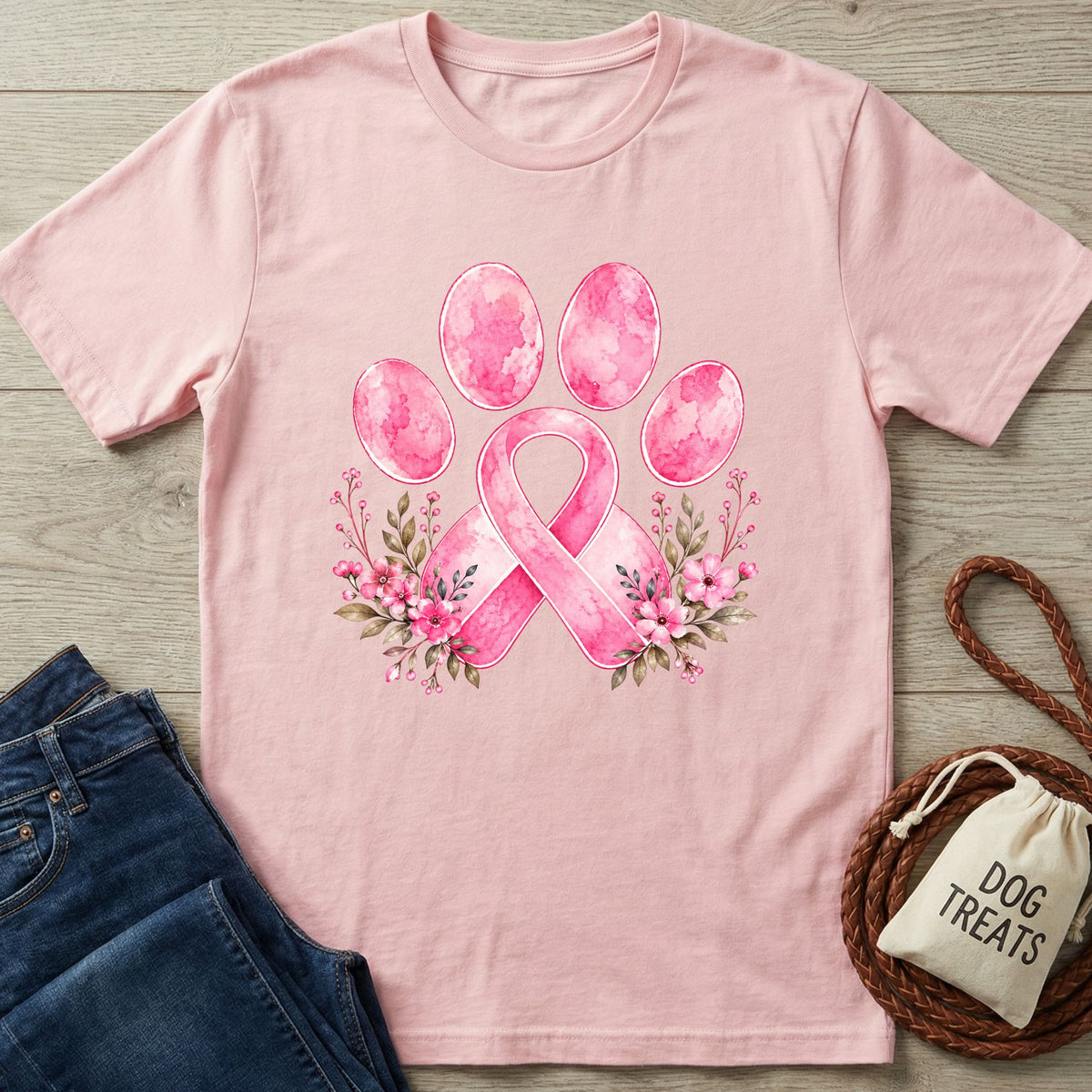 Light pink T-shirt featuring a watercolor breast cancer ribbon paw print design with delicate floral accents.