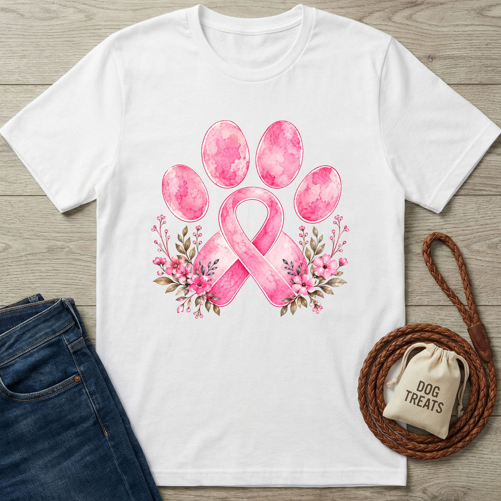 White T-shirt featuring a watercolor pink ribbon and paw print design with delicate floral accents.