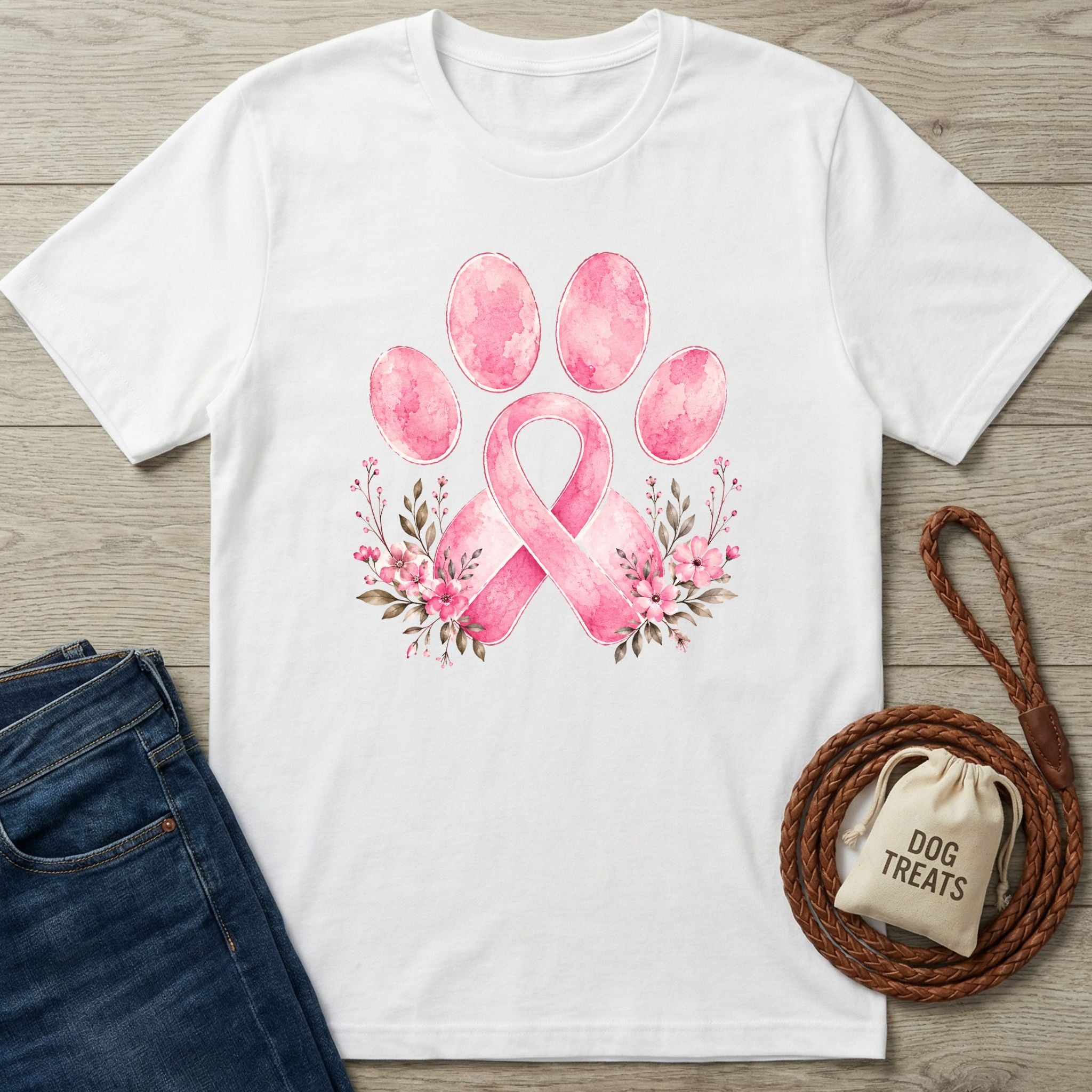 White crewneck t-shirt featuring a pink watercolor paw print and ribbon design with floral accents, laid on a wooden surface.