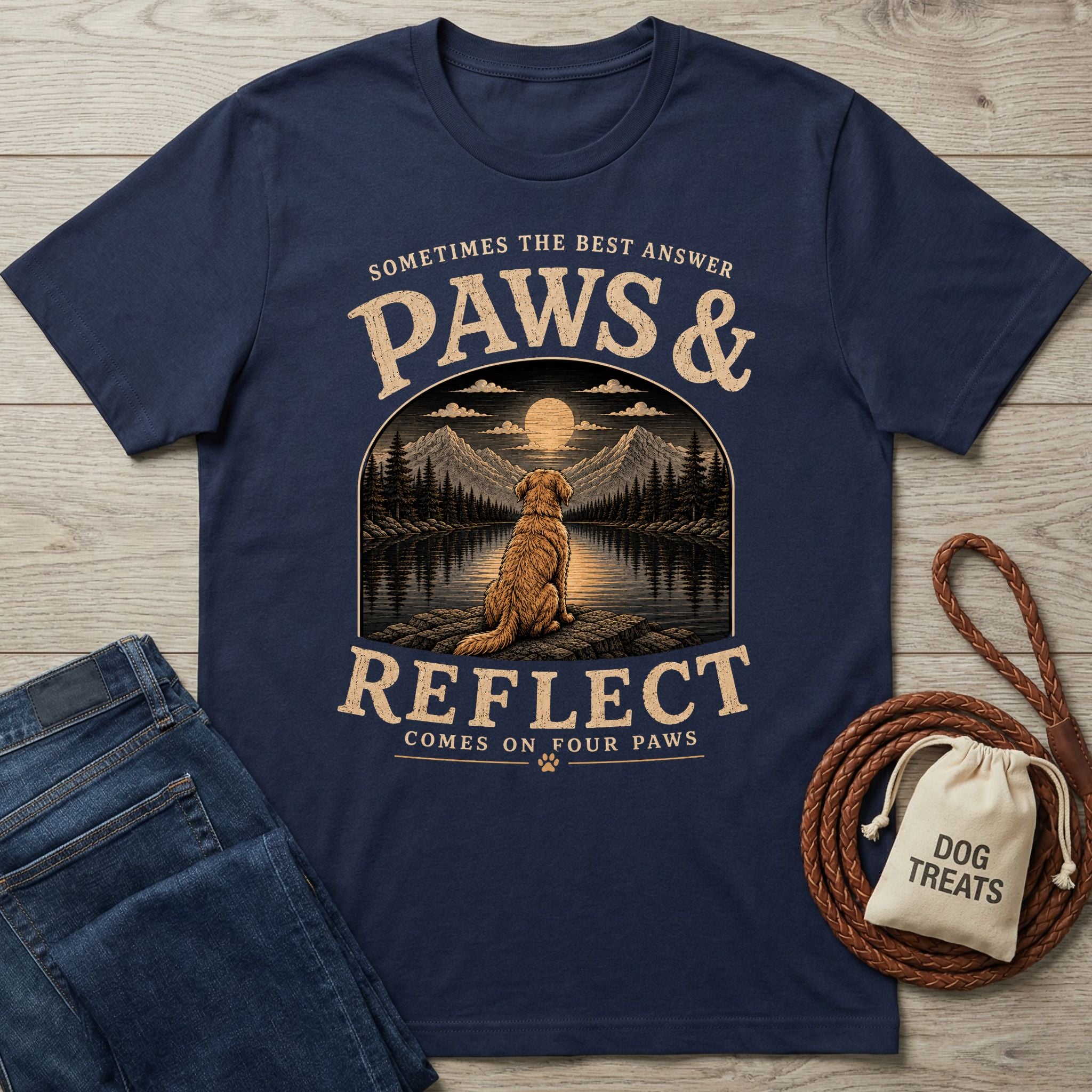 Navy blue cotton t-shirt featuring a Golden Retriever sitting by a moonlit lake with the text Paws & Reflect.