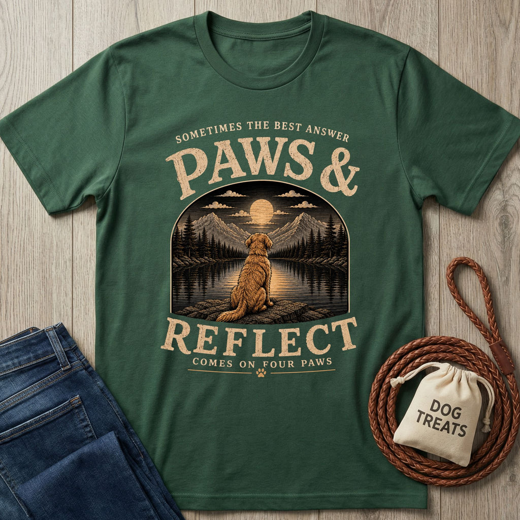Forest green t-shirt featuring a Golden Retriever gazing at a moonlit mountain lake with Paws & Reflect text graphic.