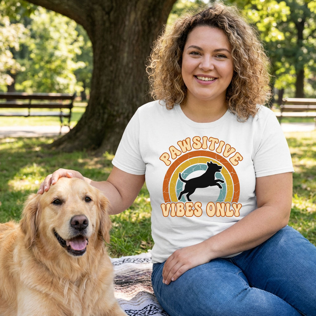Woman in a white "Pawsitive Vibes Only" t-shirt petting a golden retriever in a park.